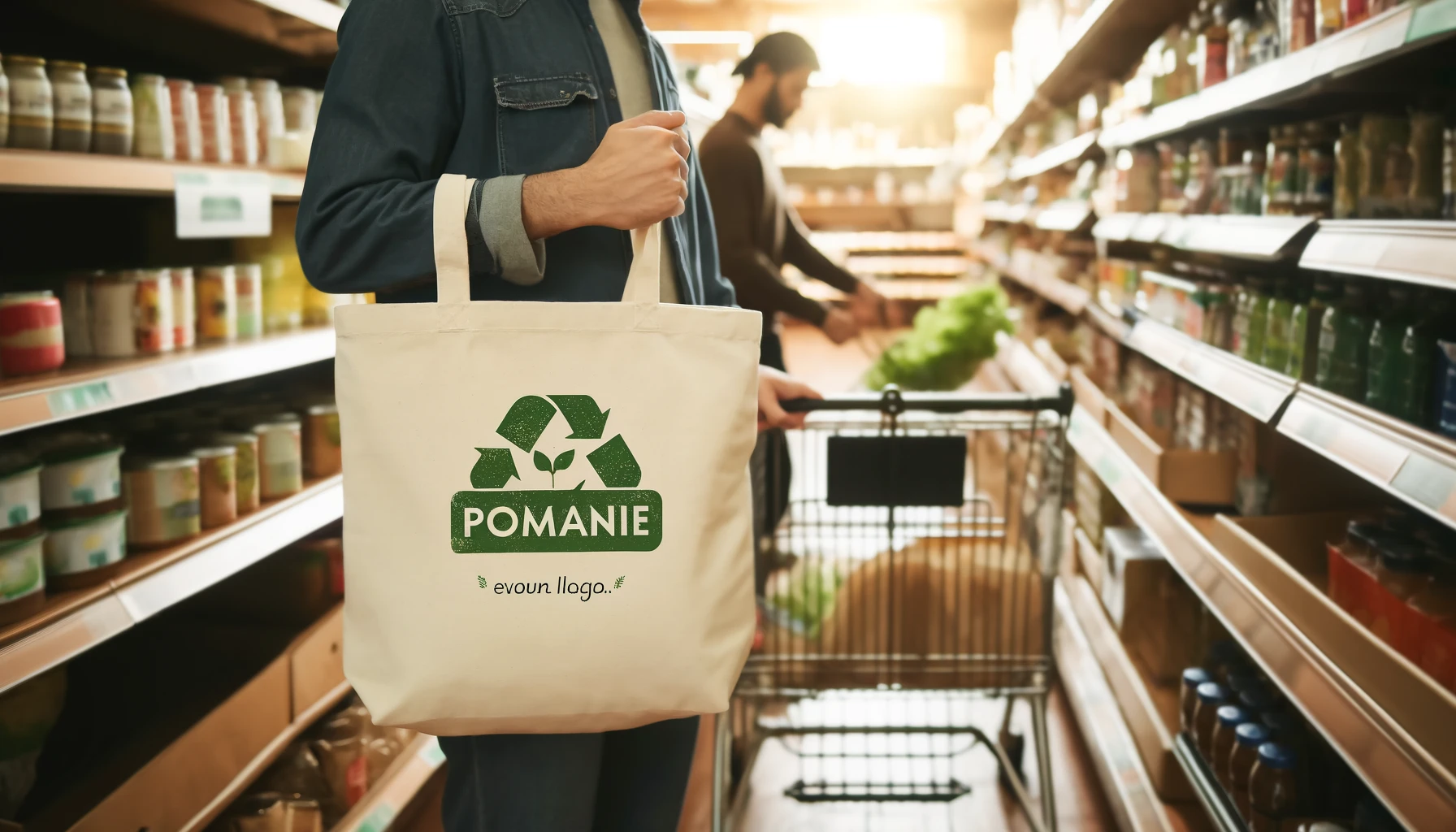 Osoba używająca torby ekologicznej z nadrukiem podczas zakupów w supermarkecie, pokazując długotrwałą promocję marki.